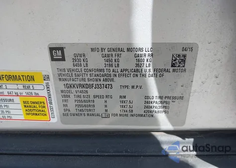 2015 GMC Acadia Slt-1 из США, поврежденный, VIN 1GKKVRKD8FJ337473